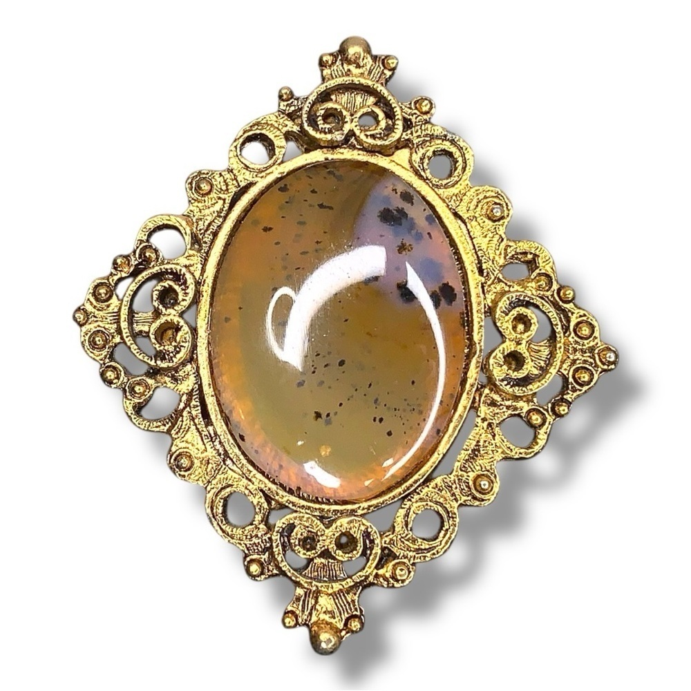 Vintage Agate Gold Tone Brooch Ornate Filigree Pin Victorian Style Goth Retro